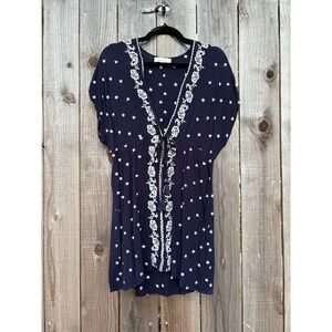 Love Tree Women's Navy Blue Star Print Embroidered Tie Front‎ Dress L